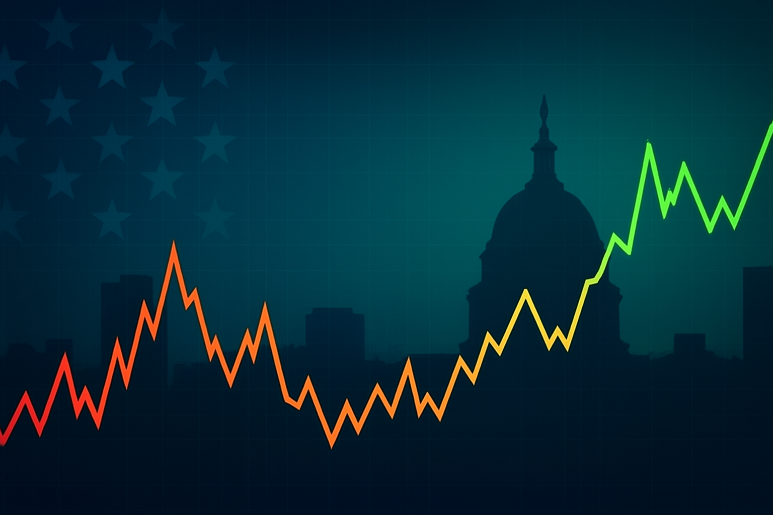 Abstract depiction of fluctuating stock charts against U.S. skyline illustrating U.S. stock market volatility and market swings.