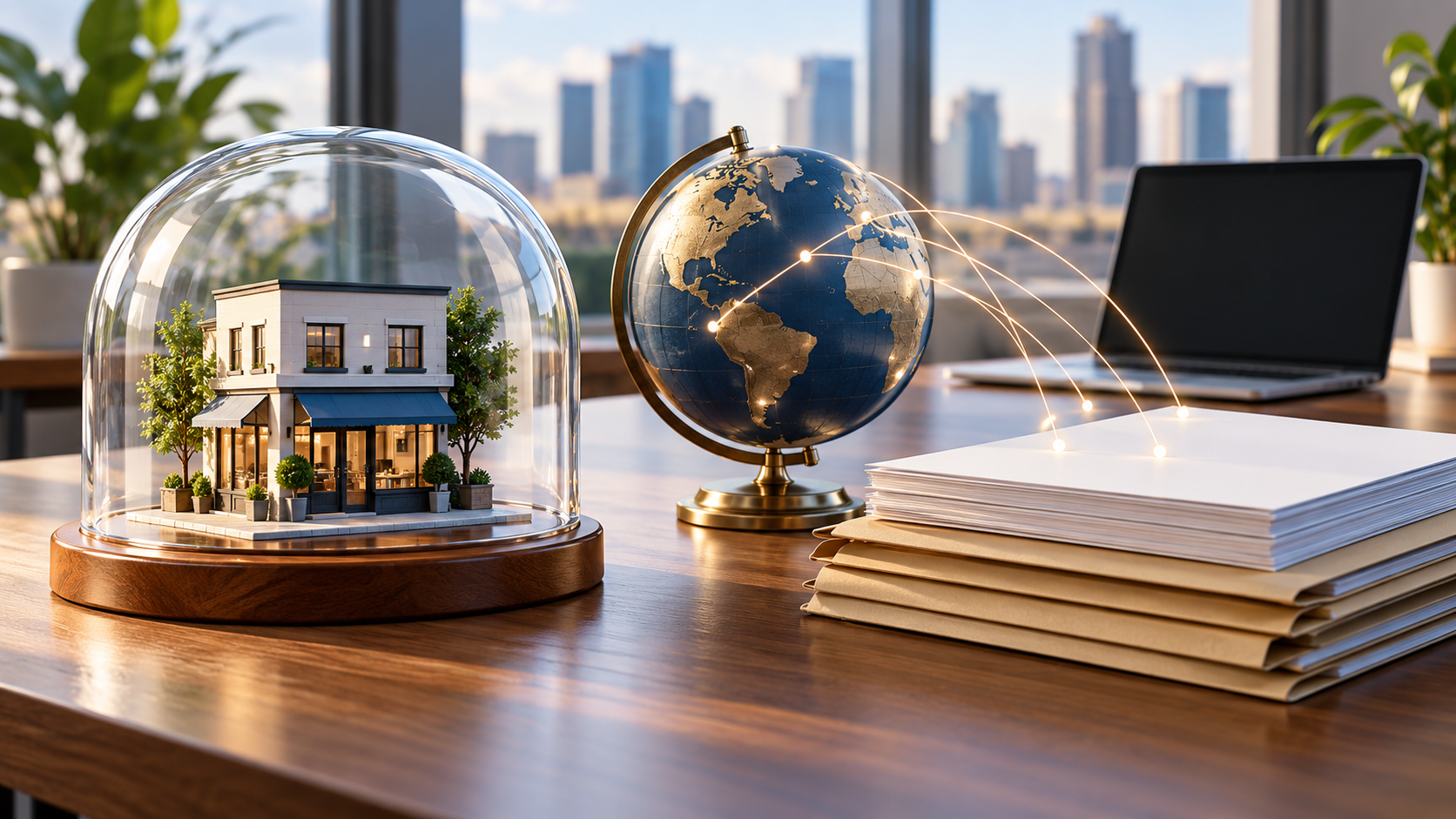 Blank business folders beside a protected storefront model and global network, illustrating beneficial ownership reporting 2026 rules.