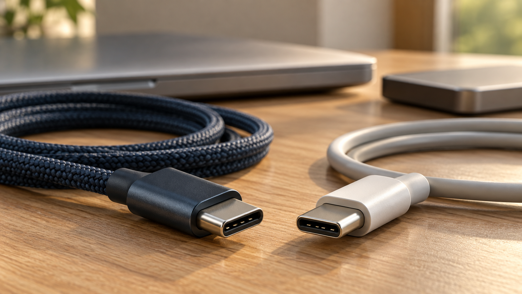Close-up of two USB-C cable connectors on a wooden desk, with a laptop and external drive in the background.