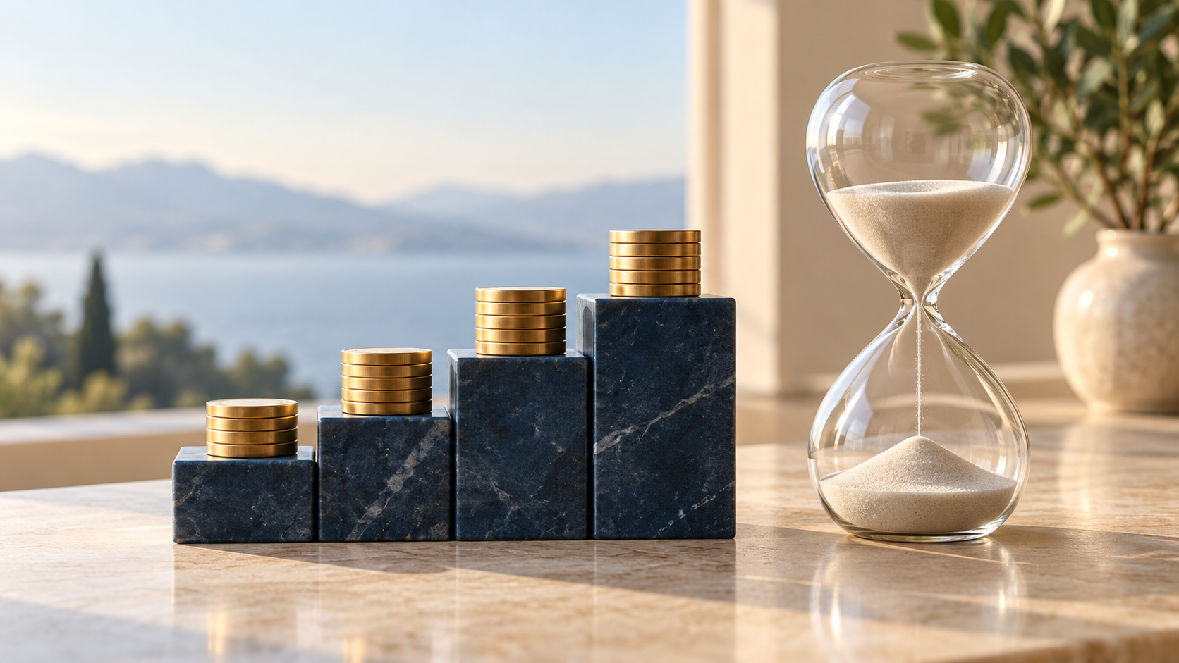 Stacks of blank gold discs on four ascending blue stone blocks beside an hourglass, illustrating a Treasury bill ladder.