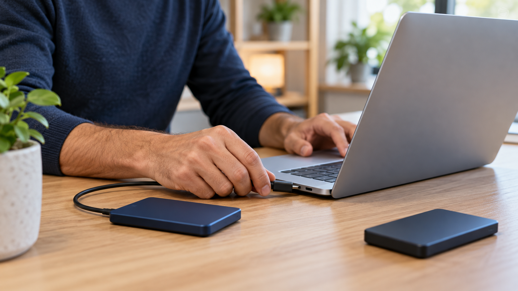 Hands connecting an external drive to a laptop during a backup recovery test, with a second disconnected drive on a navy desk.