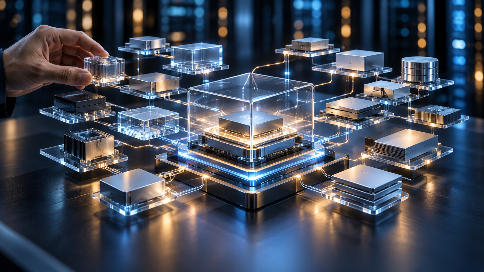 Interconnected transparent software components surrounding a protected processor, illustrating a software bill of materials.